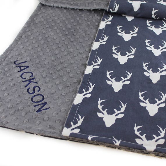 Baby Blanket / Deer Personalized Baby Blanket Baby Boy // Navy Deer Minky Cotton Blanket / Name Baby Blanket / Woodland Blanket / Baby Gift