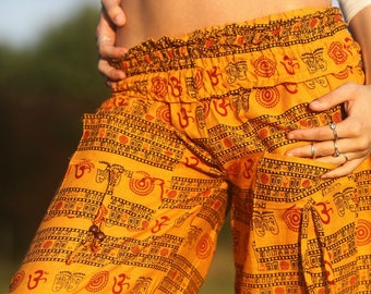 Hippie Yoga Pants Harem Yellow Gypsy Loose Ladies Ohm Om Aum Pattern Baggy Cotton Aladdin Colourful Summer Festival India Genie
