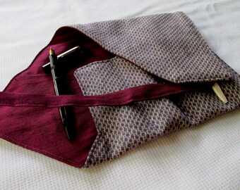 Wool Tweed and Silk Four-Pen Wrap, Pen Roll, Pen Case
