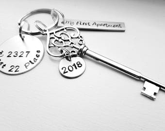 My First Apartment 2018 Personalized Hand Stamped Our New House Keychain With Address Skeleton Key My First Apartment 2018 Personalized Hand Stamped Our New House Keychain With Address Skeleton Key