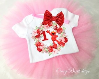 Elmo Red Pink Beautiful 1st First 1 year Birthday Shirt Tutu Tee Sequins Bow Headband Set Baby Girl Outfit Set Party Dress Custom