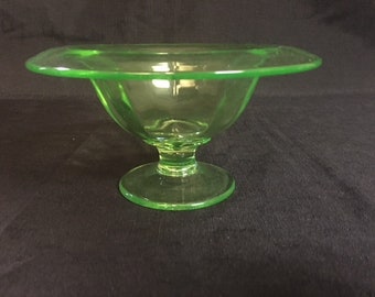 Green Vaseline Ribbed-Rolled Edge Pedestal Candy Dish