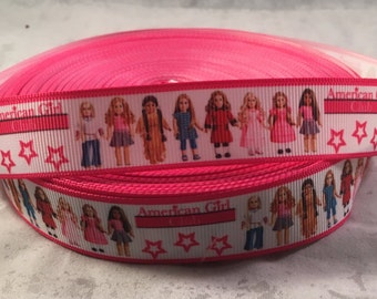 Character Ribbon - 7/8 inch Grosgrain Ribbon featuring American Girl Dolls with a pink border - Craft Supply - DIY Crafts, Scrapbook, Bows
