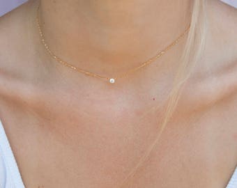 Solitaire scalloped bezel necklace - gold necklace - choker necklace - cz necklace - cubic zirconia - silver necklace - choker - E3-CN-8135