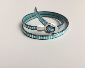 Turquoise and Silver Buckle Leather Bracelet - Turquoise Leather Heart Buckle Clasp - Adjustable Leather Bracelet - Blue Striped Bracelet