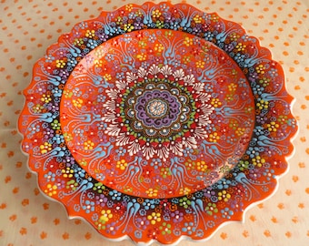 Turkish Ceramic Plate, 12 inch platter, serving platter, melon orange platter, raised design, wall art, wedding gift