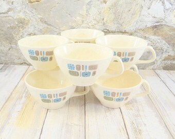 Mid Century Modern Atomic Temporama Teacups, Set of Eight, Canonsburg Pottery