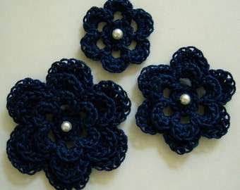 Crocheted Flowers - Navy Blue With a Pearl - Cotton Flowers - Crocheted Flower Appliques - Crocheted Flower Embellishments
