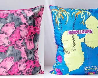 Vintage Scarf Pillow Cover, Floral SILK and Map of GUADELOUPE Large Handmade Upcycled Home Decor OOAK
