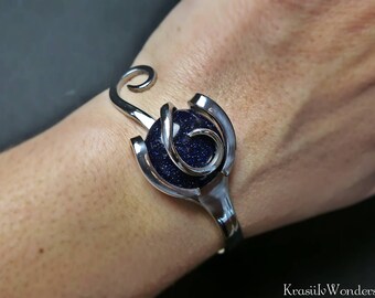 Metalwork bracelet, Blue sandstone, Fork cuff bracelet, Gift for wife, Anniversary gift, Steel anniversary, Stainless steel, Fork bangle