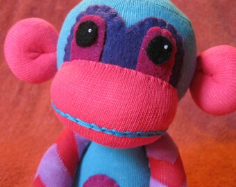 Blast - Best Friend Sock Monkey Plush - Blue Chevron Stripes Pink - Handmade Doll