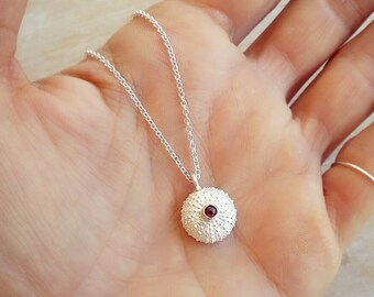 Sterling Silver Sea Urchin Pendant with Gemstone- Garnet, Amethyst, Peridot, Iolite or Citrine Medium Size Urchin Pendant
