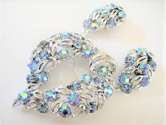 Lisner Signed Brooch Set, Blue Rhinestone Heart, Blue Earrings, Rhinestone Jewelry Brooch