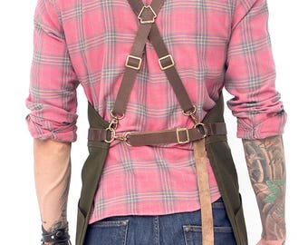 Cross-Back Leather Straps Cargo Apron - Heavy-Duty Green Waxed Canvas - Split-Leg