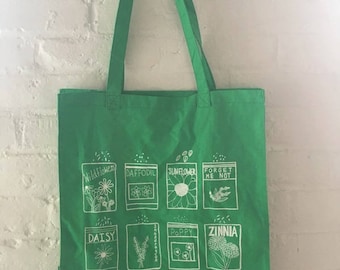 Market Tote, Flower Tote Bag, Screen Printed Cotton Reusable Bag
