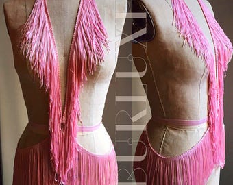 Fringe and Elastic Burlesque Shimmy Belt Playsuit Halter Harness Choose a Colour Made to Order