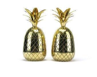 PAIR 11 1/2" Vintage Style NEW Brass Pineapple Containers Gold Pineapple Ice Bucket Mid Century Bar Cart Accessories Decor Hollywood Regency