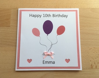 Balloons Card Girl, Girls Birthday Card, Personalised Card, Birthday Card, Kids Birthday Cards, Birthday Card Girl, Girly Card, Age 10 Card