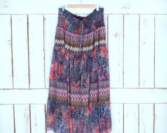Vintage 90s sheer animal print/floral knit Indian print boho maxi stretch skirt/long gypsy festival skirt/tube top dress/3X
