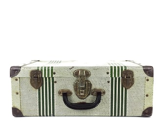 Vintage Suitcase Vintage Striped Metal Suitcase Tweed Suitcase Vintage Black Striped Tweed Metal Suitcase 1930s Metal Suitcase