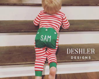 Christmas Pajamas, Christmas pjs, monogram Christmas pjs, monogram kids pajamas, monogram butt flap pajamas, monogrammed butt flap pjs