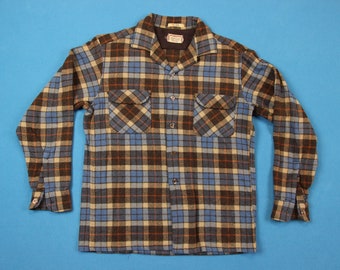 60s McGregor Flannel Shirt ~ S // Vintage, Hydroscot, Brown, Plaid, Loop Collar, 1960s, Board Shirt, Flap Pocket, Button, Men, Small