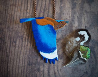 Indian roller enameled copper pendant, blue bird nature inspired pendant, wildlife jewelry, gift for her, long necklace