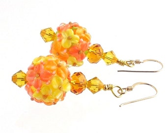 Yellow and Orange Flower Lampwork Earrings, Beaded Earrings, Floral Jewelry, Lampwork Jewelry, Gifts, Mother's Day