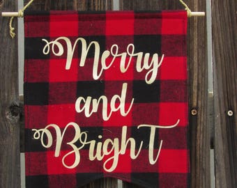Merry and Bright Christmas Fabric Wall Banner, Fabric Pennant, Fabric Banner, Pennant Flag, Wall Flag, Fabric Flag, Fabric Banner