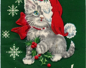 Retro Santa Kitty Cat Christmas Card #302 Digital Download
