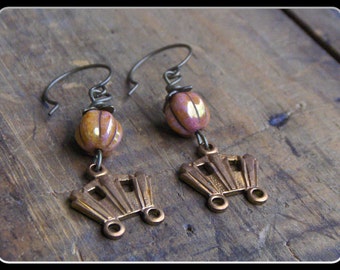 Magic pumpkins Earrings. Mini Orange Fluted Czech Glass and Stagecoach Handmade gothic victorian story fairytale earrings