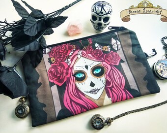 Day of the Dead - Steampunk Roses Skull Clutch bag Purse Wristlet - Cosmetic pencil school - Bianca Loran Art