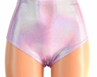High Waist "Siren" Hot Pants in Lilac Holographic Spandex Rave Festival Purple Pink Pastel Clubwear - 154660