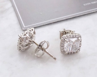Cushion Cut Crystal Halo Earrings - Wedding Earrings - Crystal Earrings - Cushion Cut Crystal - bridesmaids earrings