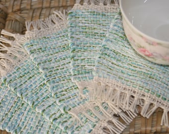 Spring Green Coasters - Eco Friendly Mug Rugs - Handwoven Coasters - Set of 5 Coasters