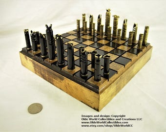 Mixed caliber bullet shell chess set and Optional 11 inch Red Oak log board #1120140052 -Free Shipping to U.S.