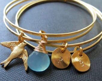 Personalized Bird bangle bracelet, set of 4 initial bangle bracelets, personalized jewelry, personalized gifts, hand stamped charm