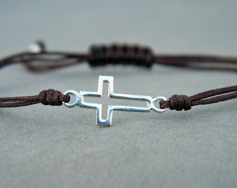 Cross bracelet. Sterling silver bracelet.Tiny silver bead bracelet. Silver beaded bracelet. Friendship bracelet. Cord bracelet.String .C027