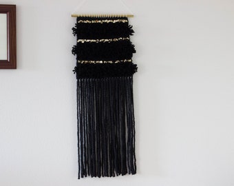 Moroccan Wedding Blanket Inspired Handwoven Wall Hanging | Black, Gold