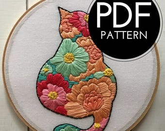 digital hand embroidery pattern | floral cat design | digital PDF download | embroidery pdf | embroidery pattern