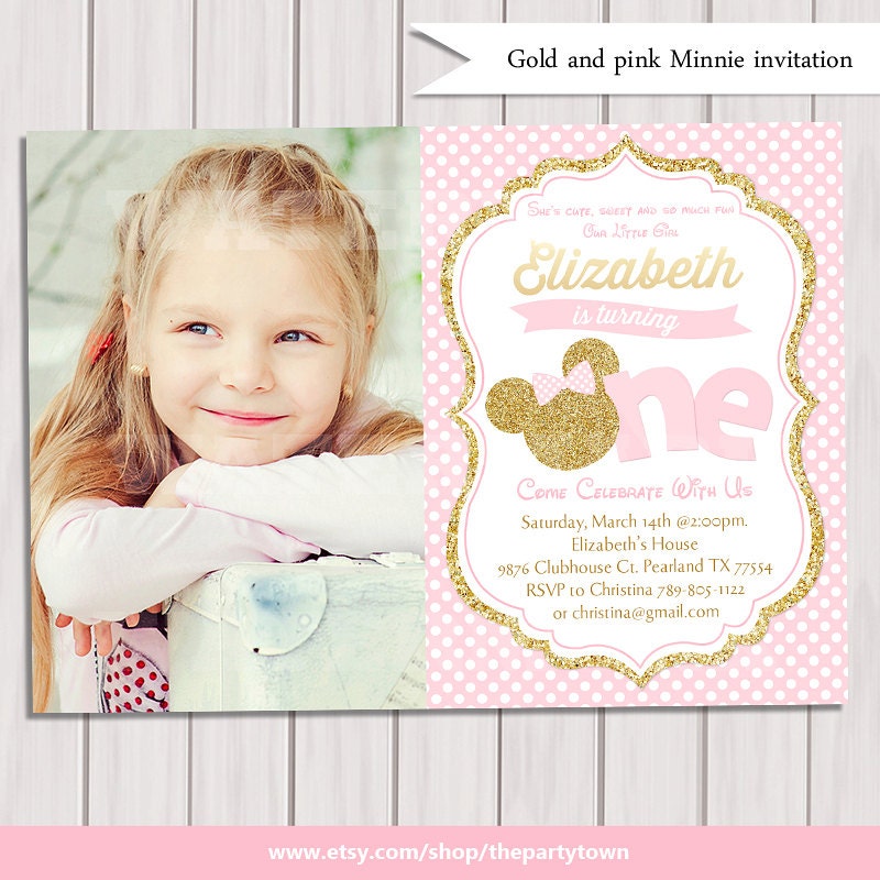 Pink and Gold Minnie Mouse First Birthday Party Invitation