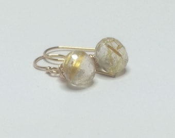 Gold rutilated quartz, dangle earrings, gold rutilated quartz, 14k gold fill earrings