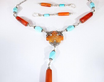 Vintage Jade, Carnelian and Amazonite Silver Necklace and Earrings Set