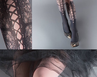 Tattoo Tights, dusty pink one size Lace Up print full length closed toe printed tights pantyhose, tattoo socks