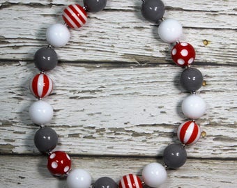 NEW Red, Gray and White Handmade Chunky Bead Bubblegum Boutique Necklace