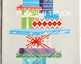 Vintage Christmas Card - Mid Century Stack of Presents - Unused