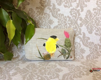 Hand painted Cosmetic Bag/Make up Bag/Tote/Pouch/Travel Case/Hand Painted/scarlet tanager/American Goldfinch/yellow bird/Wild Canary