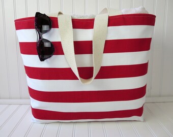 Large Beach Bag - Travel Gift - Red Striped Beach Bag - Red Striped Beach Tote - Striped Beach Tote Bag