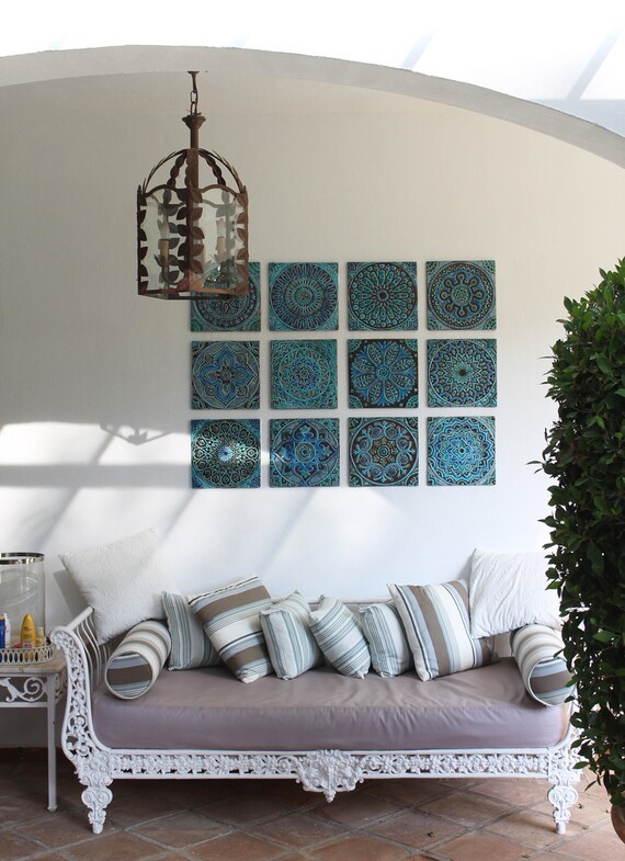 Outdoor Wall Art SET OF 9 TILES Garden Decor Ceramic Tiles Glazed In Blue And White Moroccan Spanish Outdoor Wall Art SET OF 9 TILES Garden Decor Ceramic Tiles Glazed In Blue And White Moroccan Spanish