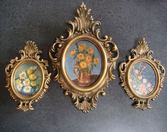 Vintage HANDPAINTED FRAMED ART Original Ornate Set of 3